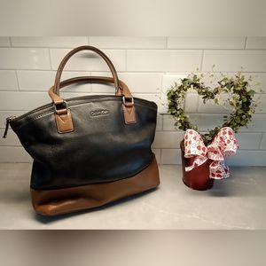 CK Calvin Klein Pebble Leather Black Tan Tote Bag Purse
